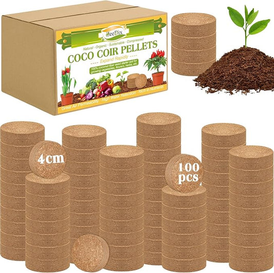 ZeeDix 100 Pcs 40mm Organic Coco Coir Pellets, Compressed Coconut Coir Seed Starter Expanding Soil Discs Potting Soil Dirt Pellets for Planting Bonsai, Herbs, Plants, Flowers and Vegetables