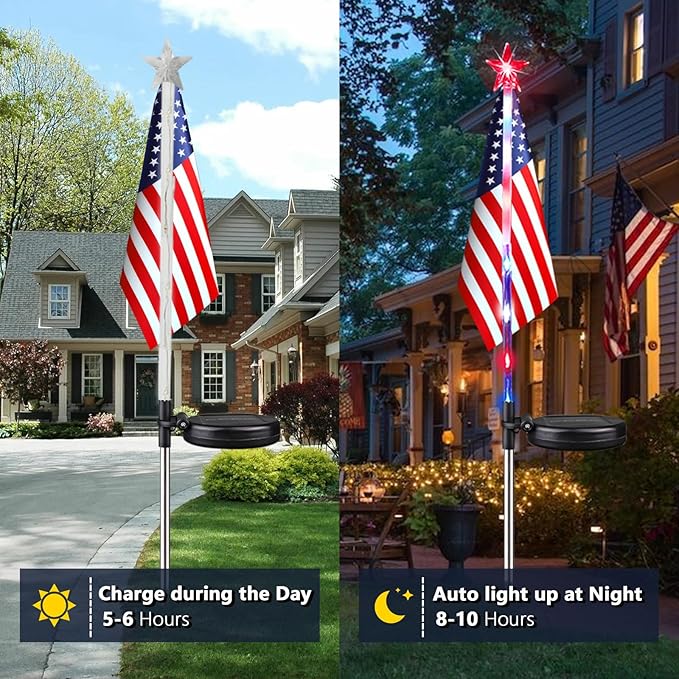 6 Pack 4th of July Decorations Outdoor Solar Lights, Red White and Blue Star Lights for National Day with American Flag, 2 Modes Waterproof Patriotic Light for Independence Memory Day Garden Yard Path