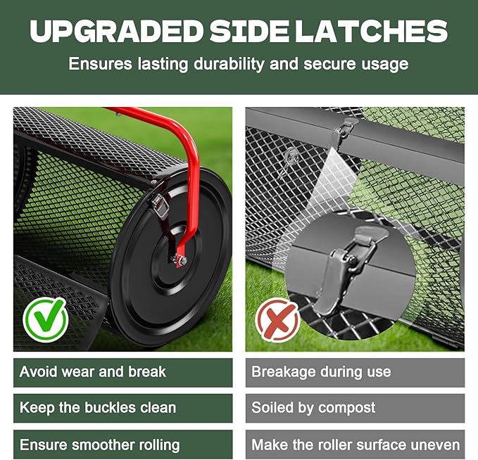 Compost Peat Moss Spreader for Lawn, 30 Inch Compost Roller Spreader with Adjustable T-Shaped Handle, Upgraded Side Clasps, Durable Lightweight Metal Roller, Lawn Garden Yard Care