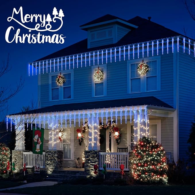 Christmas Icicle Lights Outdoor, 10Ft. Meteor Shower Lights with 10 Large Icecycles, Snowfall Shooting Star Light Effect, Falling Crystal Christmas Decorations for House Eave Roofline Patio, Blue
