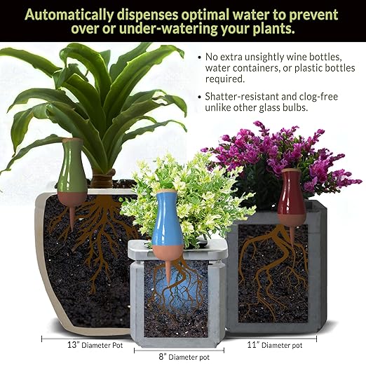 Drip Irrigation Stakes - Extra Large Improved Drip Easy-Refill 4 Week Waterer System with Large Reservoir Bulbs - Automatic Self-Watering Device for Indoor & Outdoor Plants
