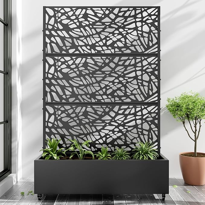 Casaphoria Metal Raised Garden Bed with Trellis and Wheels, 72"x47"x16" Planter Box for Climbing Plants, Vegetables & Vines, Features Drainage Holes and Privacy Screen (Black-Net)