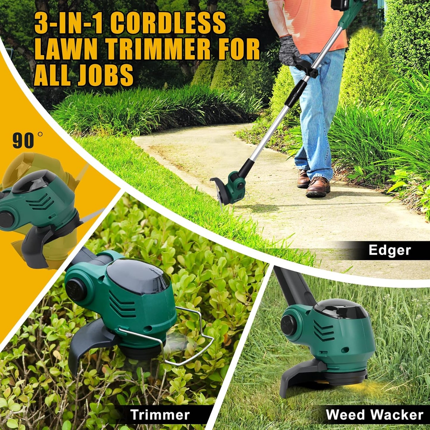 Electric Weed Wacker Cordless, Electric Grass Trimmer 21V 4.0Ah Battery Powered Weed Trimmer, 3 in 1 Lightweight Brush Cutter/Edger/String Trimmer with 2 Types Blade & for Garden and Yard Lawn