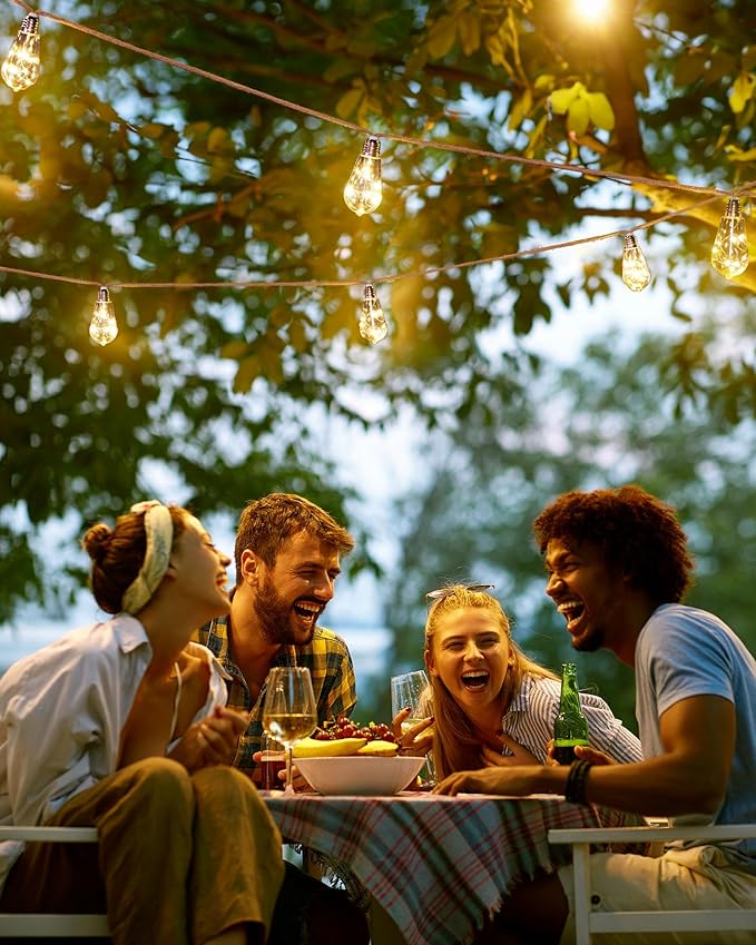 Brightown 30FT Solar String Lights Outdoor with 15 Shatterproof Bulbs, 8 Light Modes Vintage Hemp Rope LED Patio Lights, Waterproof Hanging Lights for Porch Garden Café Bistro Decor, Warm White