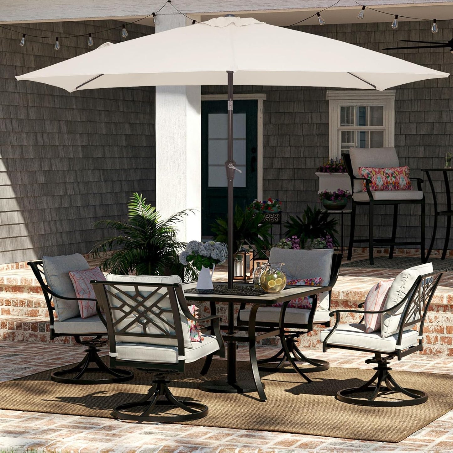 JEAREY 6.5x10 ft Rectangular Patio Umbrellas Outdoor Market Umbrella with Push Button Tilt and Crank, Rectangle Table Umbrella 6 Sturdy Ribs UV Protection for Pool Garden Backyard Deck, Cream-White
