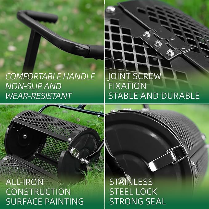 Heavy-Duty Compost Spreader for Lawn,Peat Moss Spreader,Fertilizer Spreader Roller with Adjustable Handle,Manure Spreaders for for Lawn Top Dressing,Seedling,Top Soil,Heavy Duty Metal Mesh Lawn Roller