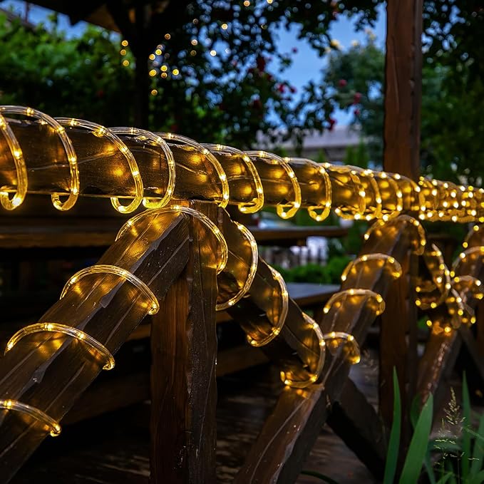 Solar Rope Lights, 2 Packs 66ft 200LED Solar String Lights, 8 Modes Waterproof Solar Powered Outdoor Lights, Flexible Clear Tube Light for Garden, Backyard, Patio, Deck, Pool,Tree Decor - Warm White