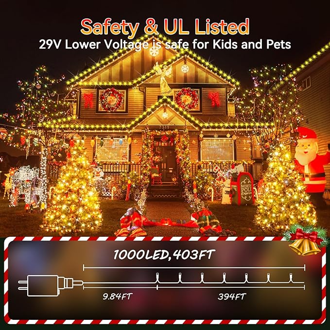Hezbjiti 1000 LED 403 FT Christmas String Lights Outdoor, 8 Lighting Modes IP44 Waterproof Fairy Lights with Timer and Dimmable Function for Home Party Tree Decorations (Warm White, Clear Wire)