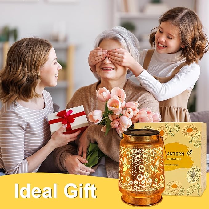 Hummingbird Solar Lanterns Outdoor Garden Decor, Birthday Gifts for Women Mom Grandma Hanging Metal Solar Lights Waterproof Decoration LED Lantern with Shepherd Hook for Outside Garden Yard Patio Lawn