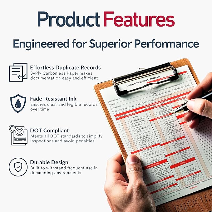 5 Pack 3-Ply Carbonless Annual Vehicle Inspection Report Forms with FMCSA Red Aluminum Adhesive Labels, DOT Inspection Forms and Stickers, Shrink-Wrapped, 8.5" x 11.75" - Made in USA