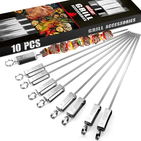 GRILLART Kabob Skewers for Grilling - Metal Skewers for Kabobs with Slider - Flat BBQ Skewers Stainless Steel - 17" Shish Kabob Grill Skewers & Ideal Kabob Sticks for Meat Shrimp Chicken Veggie(10PCS)