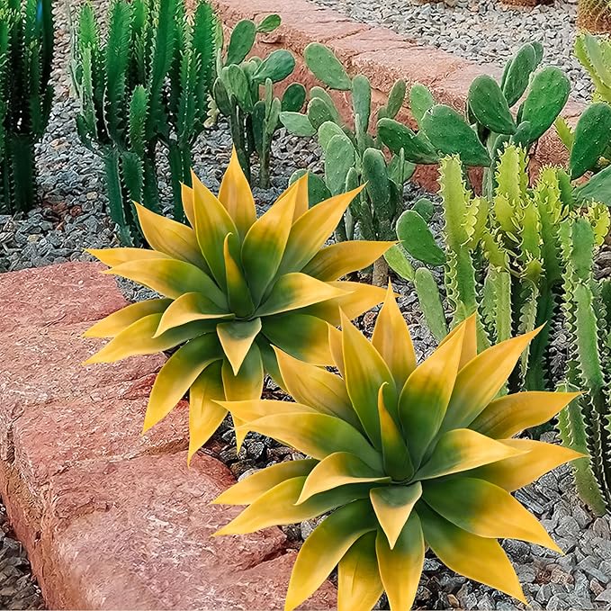 Artificial Agave Plants,Large UV Resistant Fake Agave Planters for Indoor and Outdoor Decorating Tropical Plant Succulents Greenery Indoor Decor (2Pack,18" Yellow)