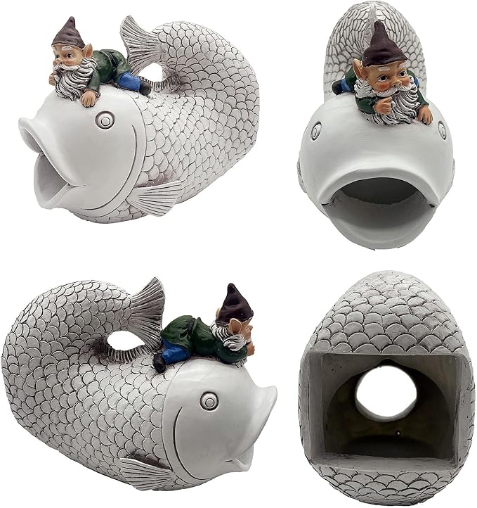 Gnome Fish Sculpture, Garden Animal Statue & Outdoor Decor, Eco-Friendly Resin Gutter Diverter Rain, Decorative Gutter Extension Downspout, Splash Block, Perfect for 3"x4" Downspouts