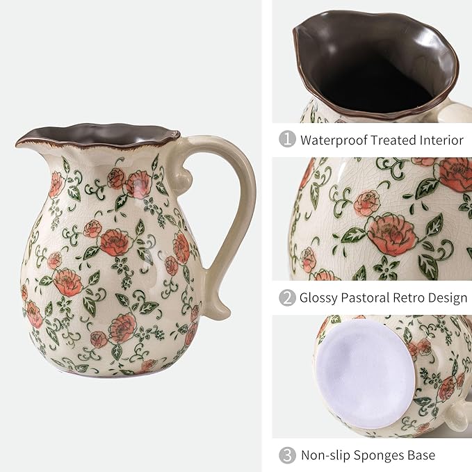 Green and White Vintage Vase with Handle, Red Rose Chinoiserie Floral Pitcher Vase, Rustic Ceramic Farmhouse Vases for Home Decor, Living Room, Bookshelf, Office, Grand Millennial Decor 7.9 Inch