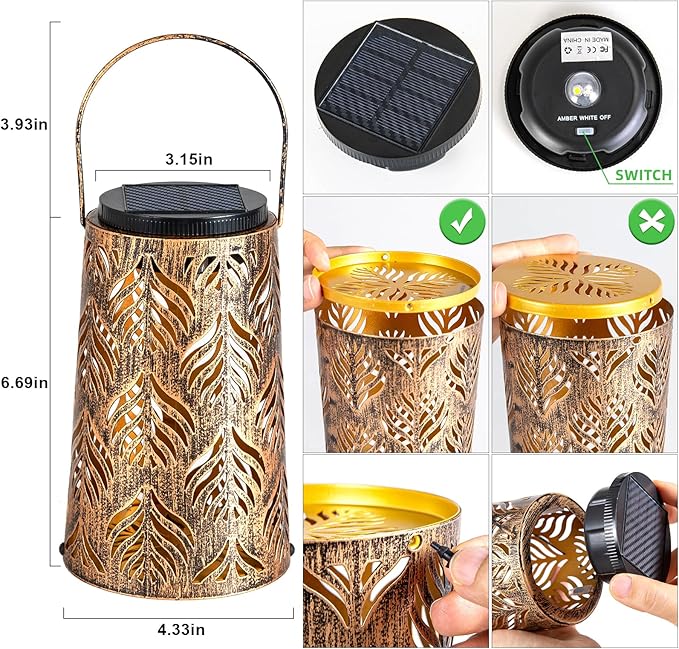 JSOT Solar Lanterns - Solar Hanging Lights for Outside Decorative Hanging Solar Lantern Vintage Solar Table Lamps Wall Mount for Front Porch Patio Tree (4 Pack)