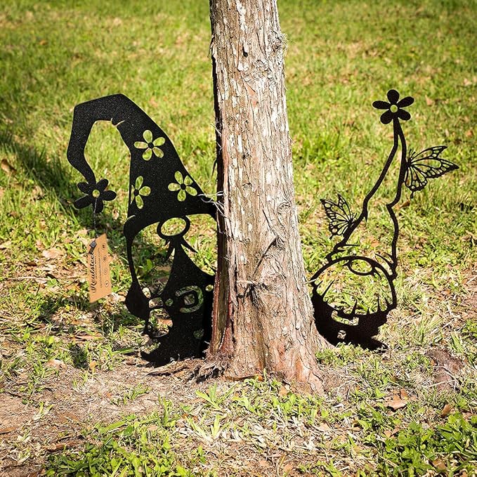 RealSteel Metal Garden Gnomes Outdoor – Steel 4 Pack Lawn Ornaments & Statues, Funny Yard Decor, Weatherproof Garden Decoration, Gift for Gardeners (Black)