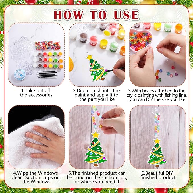 30 Sets Suncatchers Window Art Kits, DIY Sun Catchers Bulk Crafts Paint Your Own Window Ornaments for Boys Girls Classroom Home Party Birthday Activity Decor(Christmas Style)