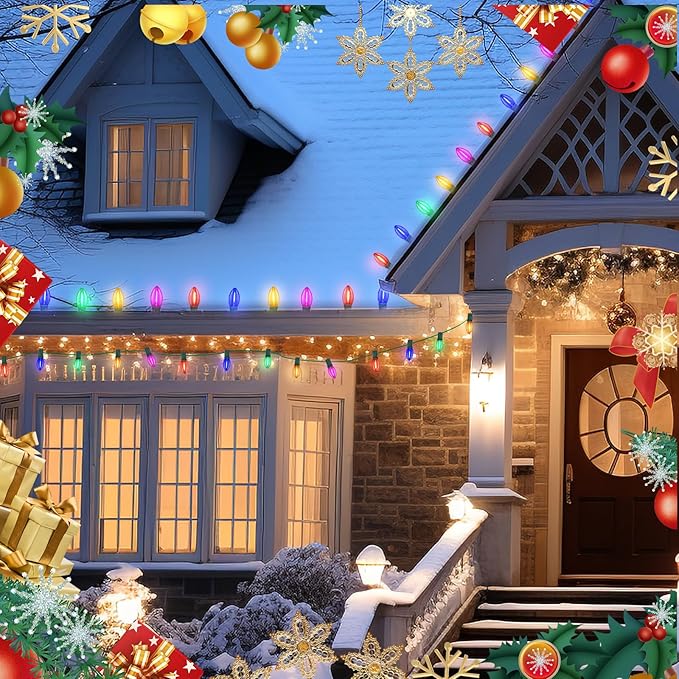 C9 LED Christmas Lights Outdoor,25FT Multicolored Christmas Lights with 26 Colorful Clear Multicolor LED Bulbs,Connectable Old Fashioned Christmas Lights for Garden Patio Xmas Tree Party Home Decor