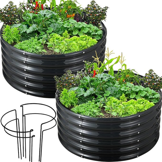 FORTUNO High Round Galvanized Raised Garden Bed Kit Box Dia 3 x H 1.5Ft (2 Pack) Metal Outdoor Flower Bed Steel Patio Ground Planter for Planting Vegetables and Herb, Dark Grey