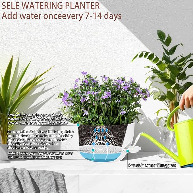 2 Pack 12 Inch Large Hanging Planters with Chains Self Watering White Plastic Hanging Pots for Indoor Outdoor Plants, Garden Porch Home Decor，White