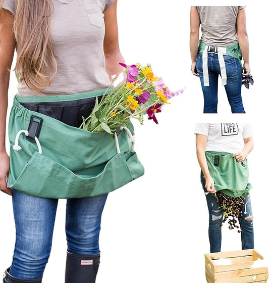 Roo Gardening Apron with Pockets & Harvesting, Picking Pouch - Adjustable, Water-resistant, Washable Canvas Cotton