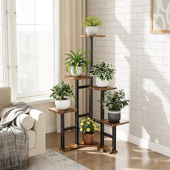 Corner Plant Stand Indoor, 6 Tier Corner Plant Shelf Flower Stand for Multiple Plants, Plant Shelves Organizer Rack for Living Room, Balcony, Patio, Garden, Square Rustic Brown