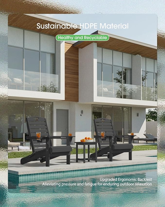 Adirondack Chairs Set of 6, Outdoor Fire Pit Chairs, HDPE All-Weather Adirondack Chairs with Cup Holder, Lawn Chair for Deck, Patio, Garden (Black)