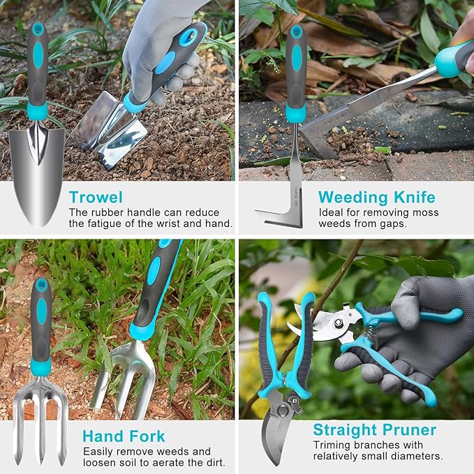 Gardening Tools, Carsolt 10 Piece Heavy Duty Stainless Steel Garden Tools Set with Ergonomic Rubber Handle. Variety of Gardening Hand Tools for Planting Gardening Kit with Gift Box Ideal Garden Gifts