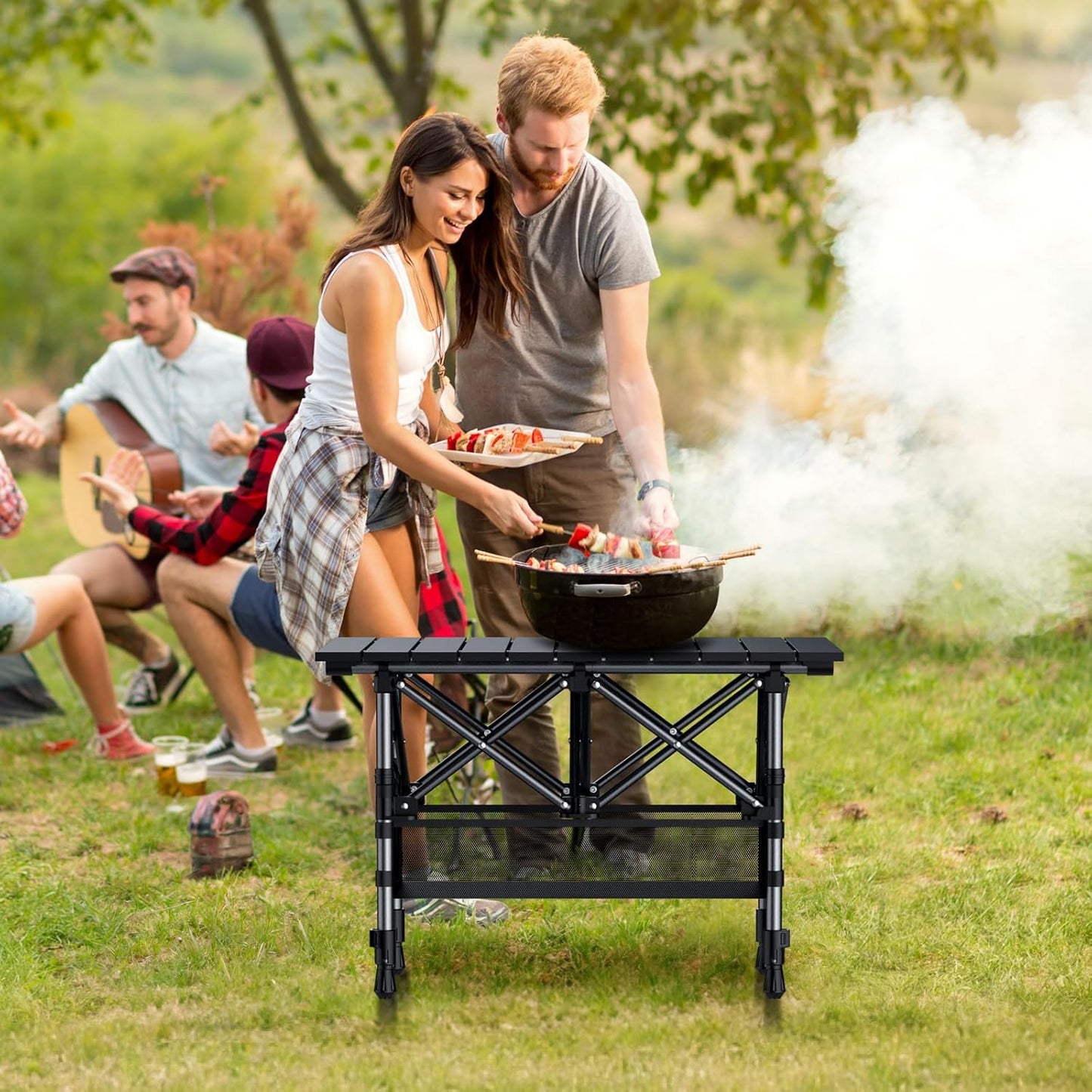 Folding Camping Table, Aluminum Roll Up Camping Table Adjustable Height with Storage Net and Bag, Lightweight Outdoor Table 25” X 16”, for Outdoor Travel BBQ Party Picnic, Black