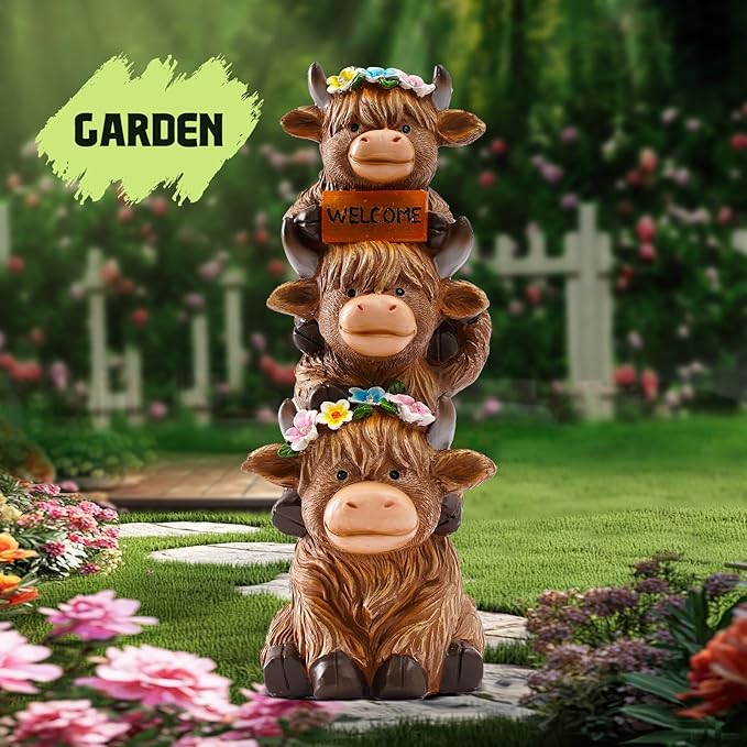 Garden Highland Cow Statue Solar Outdoor Decor with Flower Decoration Funny Triple Highland Cow Decor Birthday Gifts for Women Mom Highland Cows Figurine for Yard Garden Patio Lawn Ornaments