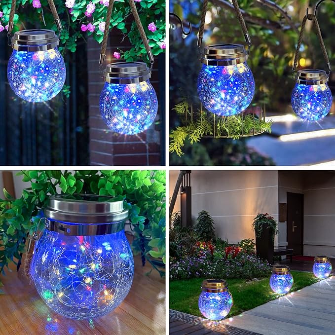 Hanging Outdoor Solar Lights, 30LED Cracked Glass Ball Decorative Lights,Solar Powered Waterproof Landscape with Handle for Tree Yard Garden Patio Fence Holiday Decor(Multicolor)