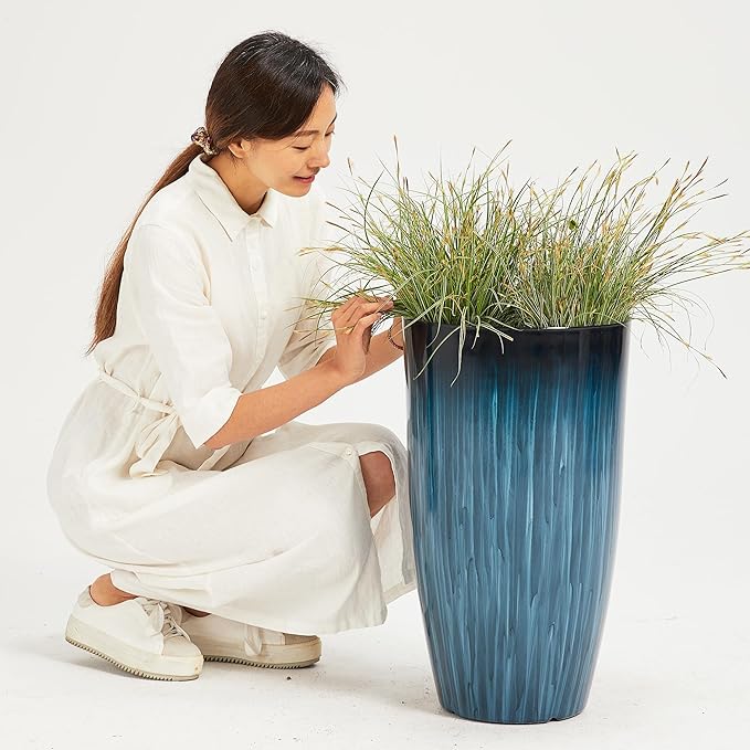 Worth Garden 23.5" H. Large Plastic Planters - Set of 2 Gradient Blue Glossy Smooth Finish - Tall Plant Pots for Indoor & Outdoor Use - Decorative Lightweight Flower Pots for Front Porch, Patio, Deck