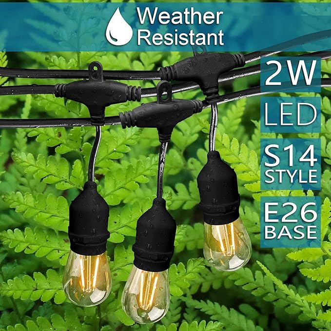 Banord Outdoor String Lights Commercial Grade 96ft Waterproof with 30 S14 Shatterproof Dimmable LED Bulbs, Heavy Duty Hanging Lights for Patio Garden Backyard Decoration, 2W 2x48ft Strands