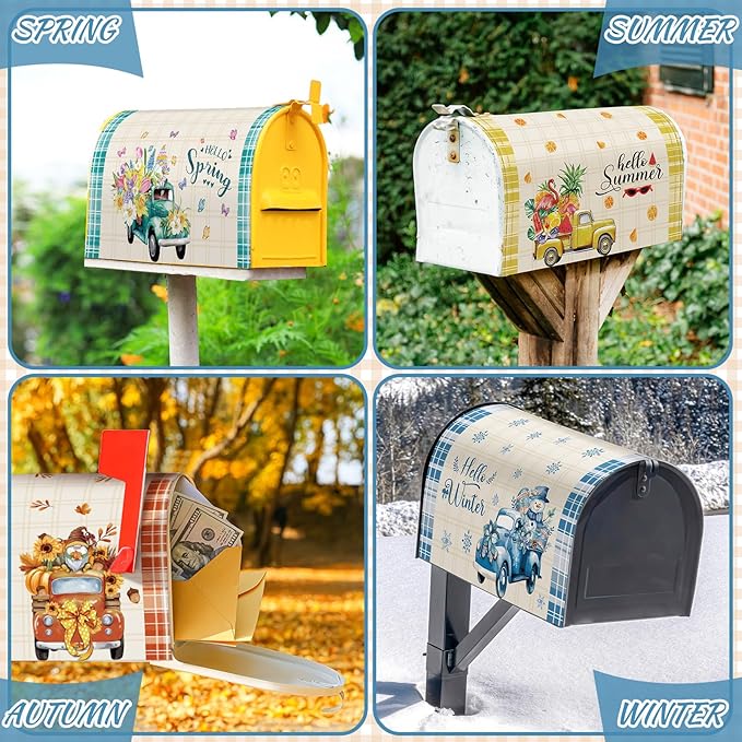 4 Pcs Hello Spring Summer Mailbox Covers Magnetic Standard Size 18 x 21 Inch Hello Autumn Winter Magnetic Mailbox Covers Wraps Decoration for Garden Yard Home Outdoor Decor