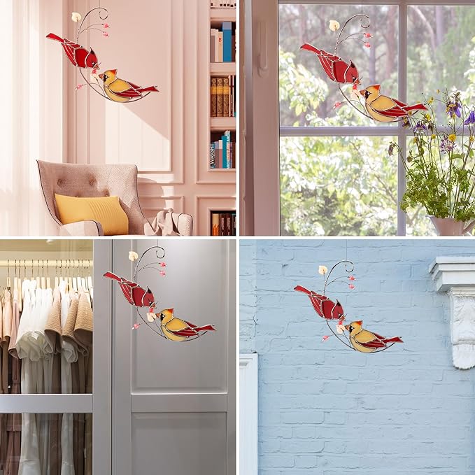 Cardinal Stained Glass Suncatchers for Windows Hanging Decorative,Couple Red Love Birds Sun Catchers for Christmas Ornaments,Real Stained Glass Cardinal Memorial Gifts for Women/Mom