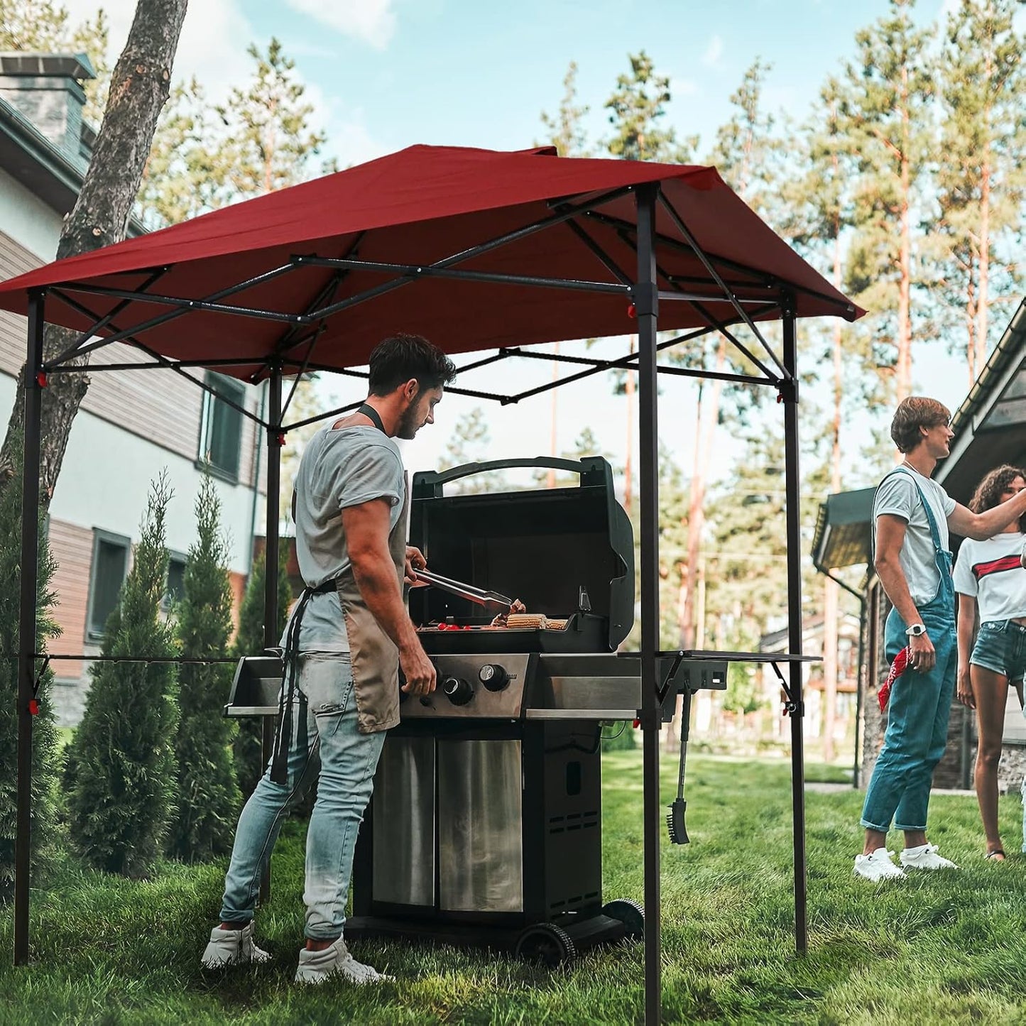 COOS BAY 8x5 Pop up Grill Gazebo Portable BBQ Gazebo Canopy Tent with Carry Bag, Outdoor Barbeque Shelter, Red