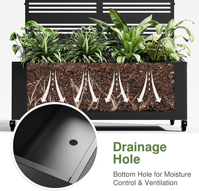 Casaphoria Metal Raised Garden Bed with Trellis and Wheels, 72"x47"x16" Planter Box for Climbing Plants, Vegetables & Vines, Features Drainage Holes and Privacy Screen (Black-Harold)