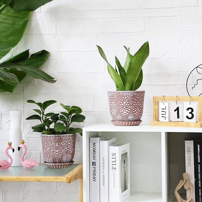 Gepege 6 Inch Beaded Ceramic Planter Set of 2 with Drainage Hole and Saucer for Plants, Indoor-Outdoor Large Round Succulent Orchid Flower Pot