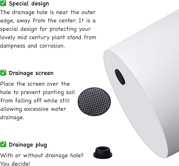 FaithLand Plant Pot 14 inch - Perfectly Fits Mid-Century Modern Plant Stand - Drainage Plug and Drainage Mesh Screen - Matte White