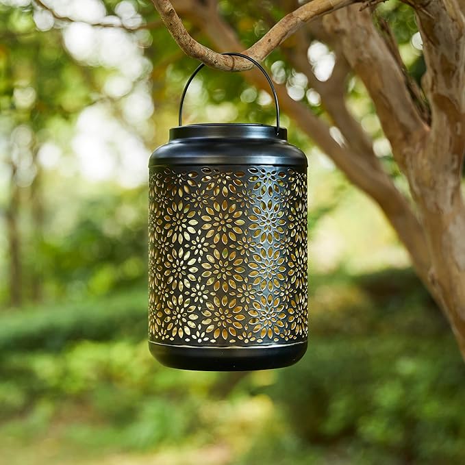Glitzhome Solar Lantern Black Metal Cutout Flower Outdoor Hanging Solar Light with Handle for Garden Patio Yard Outdoor Decor