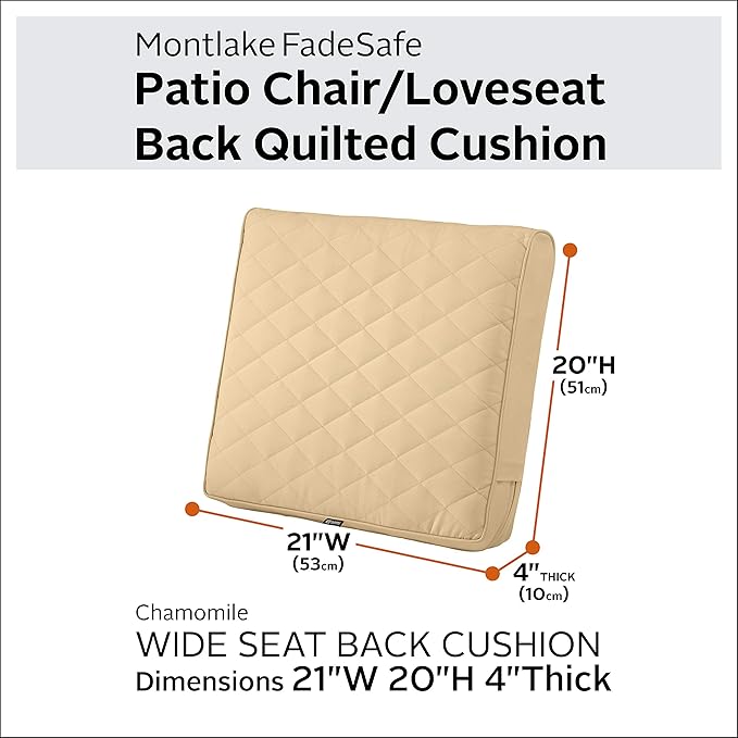 Classic Accessories Montlake FadeSafe Water-Resistant 21 x 20 x 4 Inch Wide Back Patio Quilted Lounge Cushion, Chamomile