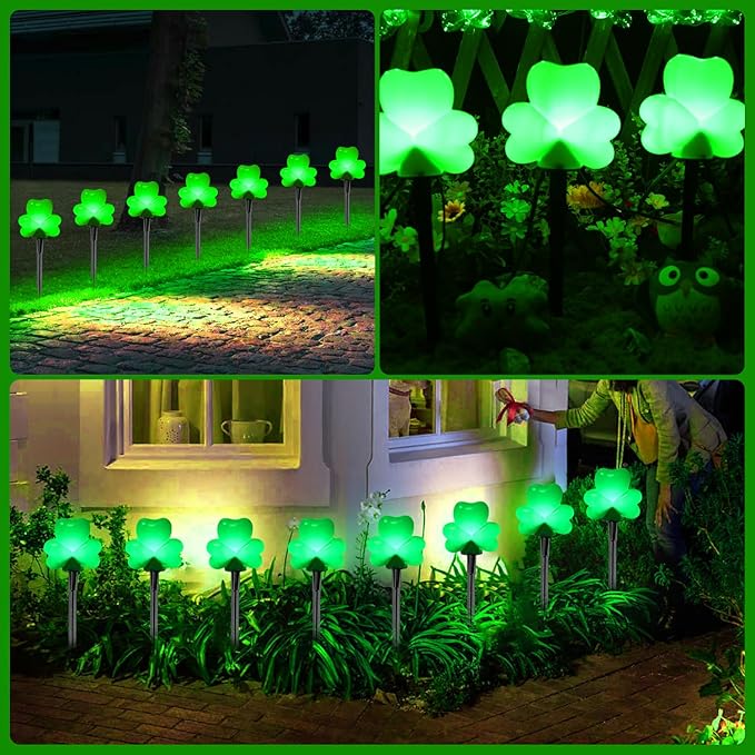 2 Sets 4 Pack St. Patricks Green Shamrock Pathway Lights Outdoor for St. Patricks Day Decorations, C7 LED Green Lucky Clover Garden Lights Waterproof, UL Certified for Lawn Yard Walkway Decor, Plug In