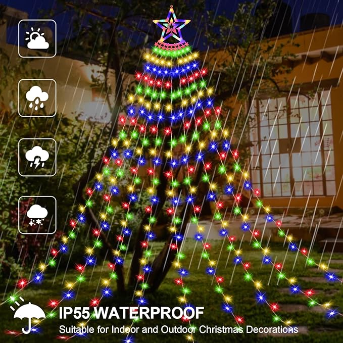 Christmas Decoration Lights, Outdoor Christmas String Lights 320 LED 11.5 Ft Waterfall Tree Lights with Big Star Topper 8 Light Modes for Christmas New Year Holiday Garden Yard Indoor Outdoor Decor