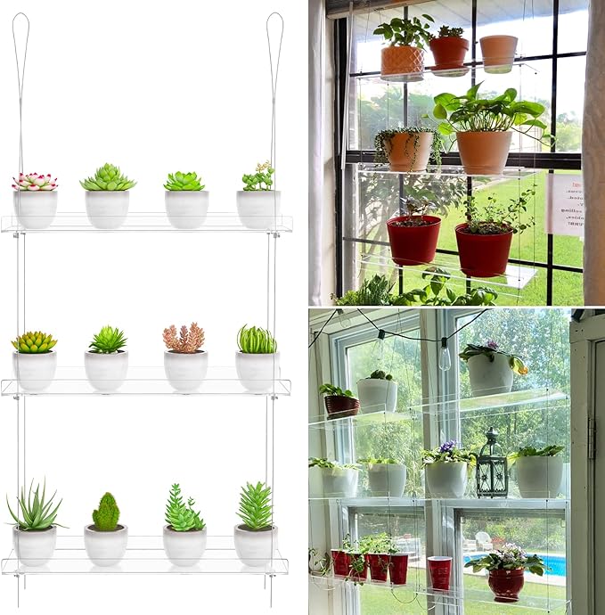 Clear Hanging Window Plant Shelves,2-Pack 3-Tier,Indoor Windows Wall Hanging Plant Stand Flower Display,Flower Pot Organizer Storage for Window Grow Herbs,Microgreens,Succulents,Flower,16-Inch