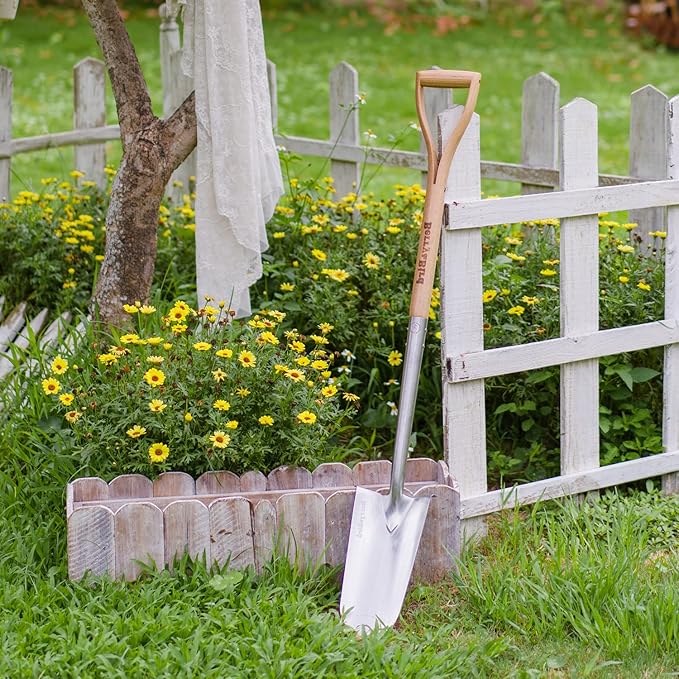 Berry&Bird Trenching Shovel, Garden Drain Spade Shovel with Wood Handle, 42.5" Stainless Steel Gardening Planting Spade, Heavy Duty Root Cutter Shovel Trench Shovel for Digging Transplanting & Edging