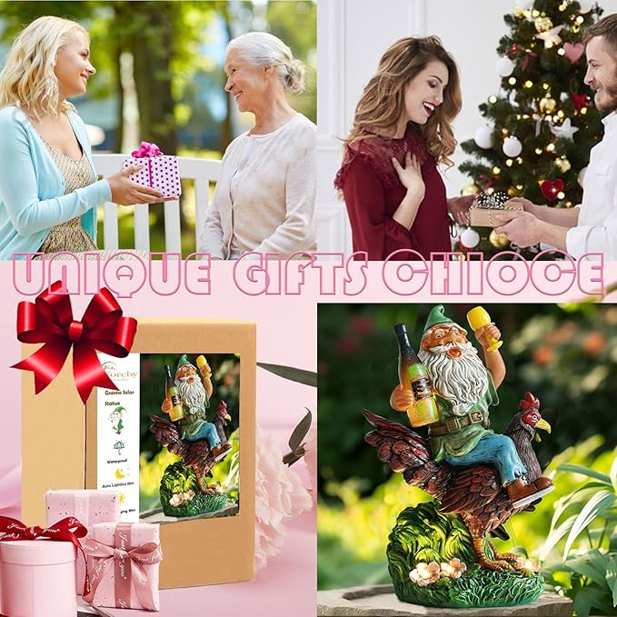 Garden Gnomes Statue Outdoor Decor,Funny Gnome Riding Rooster Sculptures Art Decor, Ideal Decoration for Yard Balcony Patio Lawn Home House - Birthday Gifts