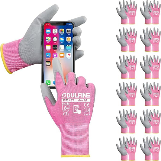 DULFINE Work Gloves for Men PU Coated 12 Pairs Bulk Pack,Pink Seamless Knit Glove with thin Polyurethane,Two Finger Touchscreen, for Men and Women, Ideal for Light Duty Work. (Extra Large)