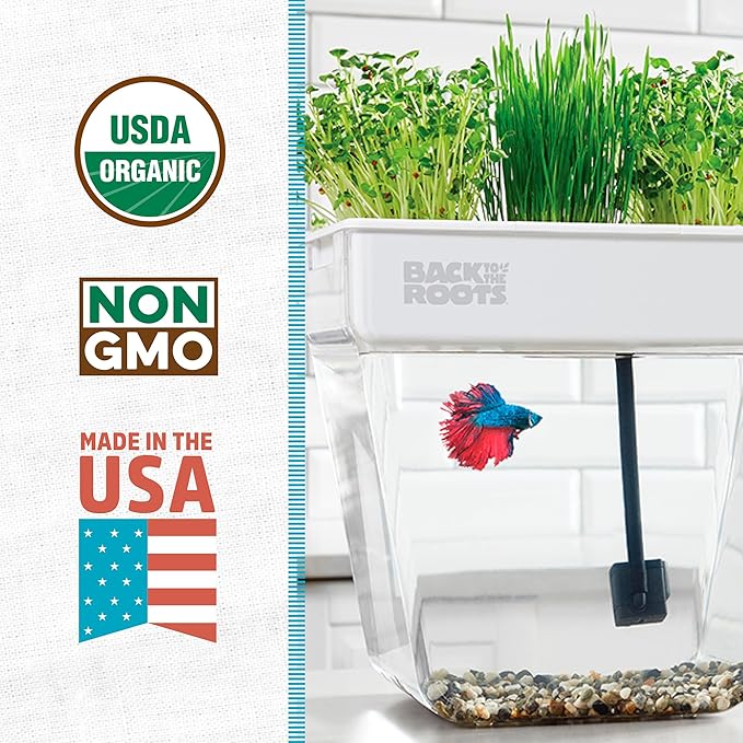 Back to the Roots Indoor Aquaponic Garden - 3 Gallon Self Watering, Mess-Free Planter and Self-Cleaning Fishtank for Herbs, Microgreens, Bamboo, Succulents, and Houseplants, support Fish