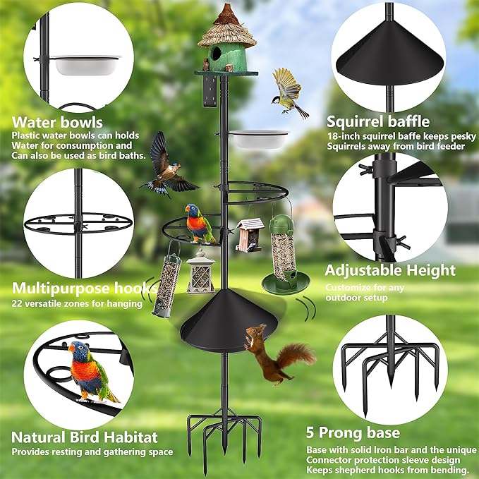 Bird Feeder Pole Stand,95 Inch House Pole for Outdoors Weather Station,Heavy Duty Metal Mount Kit Adjustable Multifunctional Bird Feeder Set