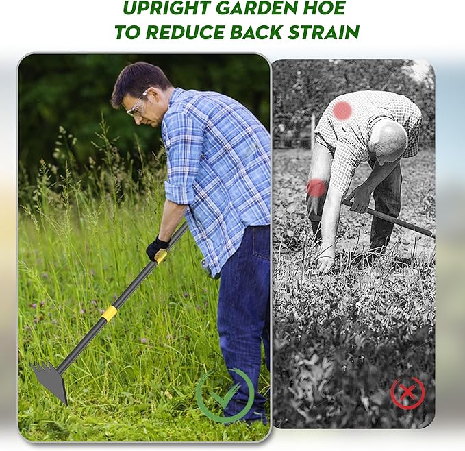 Dual Headed Hoe Garden Tool, Hoe Cultivator Gardening Tool, 17-59" Adjustable Long Handle Heavy Duty Scuffle Hoe with Rake Tiller Cultivator for Weeding, Digging, Loosening Soil, Sowing